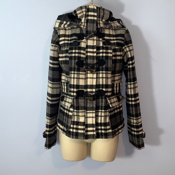 Hydraulic plaid tartan Black White Purple toggle pea hooded coat Y2K size  S - Picture 1 of 9